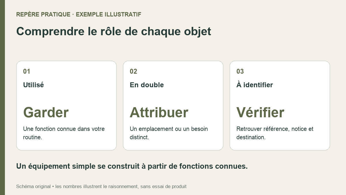 Comprendre le rôle de chaque objet. Utilisé : Une fonction connue dans votre routine. En double : Un emplacement ou un besoin distinct. À identifier : Retrouver référence, notice et destination.